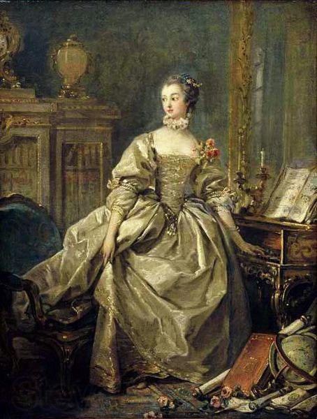 Francois Boucher Madame de Pompadour, la main sur le clavier du clavecin